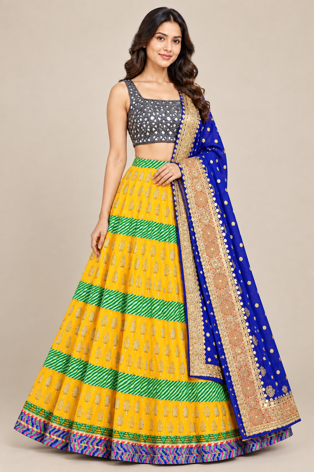 Front-facing model wearing yellow lehenga with horizontal green striped bands, gray patterned blouse and royal-blue drape