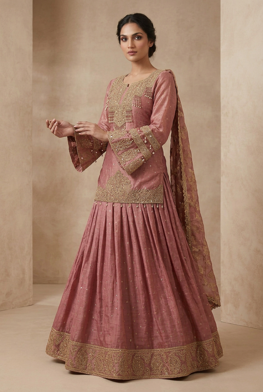 Three-quarter view of dusty rose lehenga showing gold paisley flared sleeve cuffs and a gold-bordered skirt