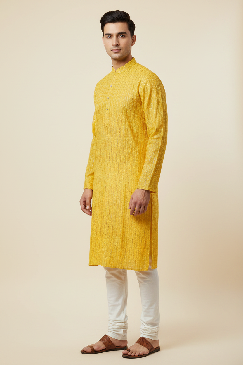 Male model wearing yellow chikankari kurta set with kolhapuri sandals - side profile