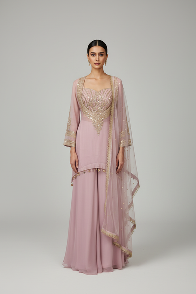 Dusty Rose Embroidered Sharara Set with Dupatta