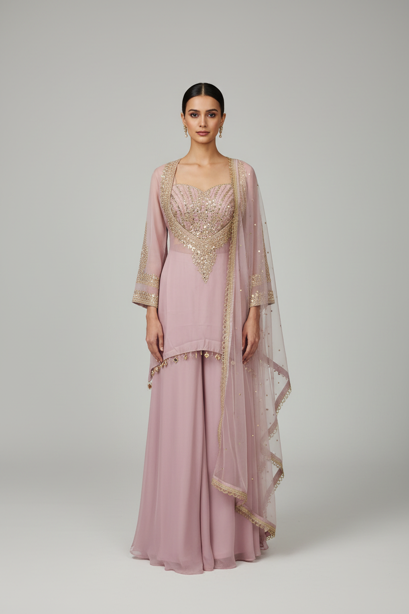 Dusty Rose Embroidered Sharara Set with Dupatta