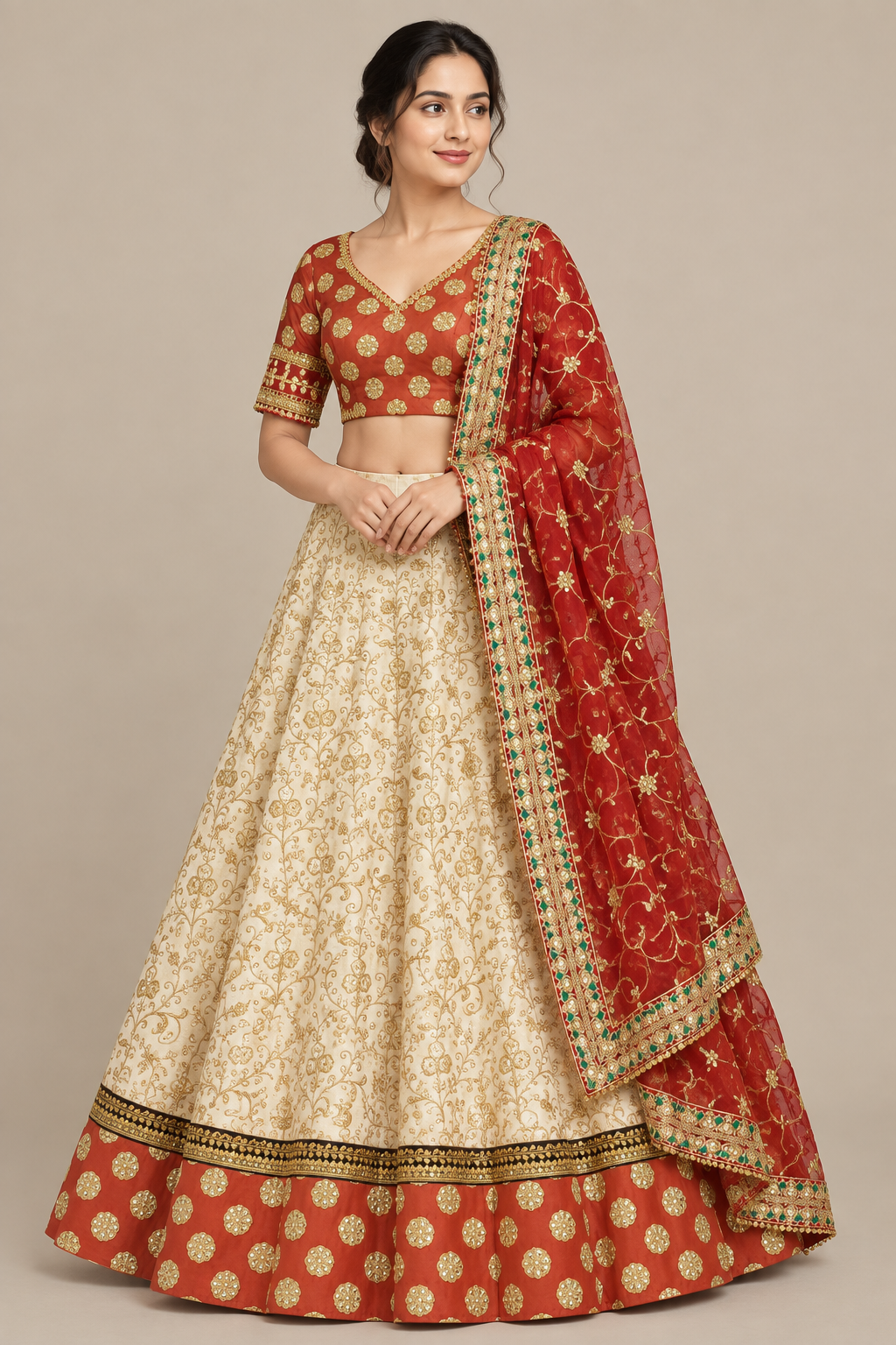 Model wearing cream gold-vine lehenga with rust gold-motif border, rust choli and red embellished dupatta