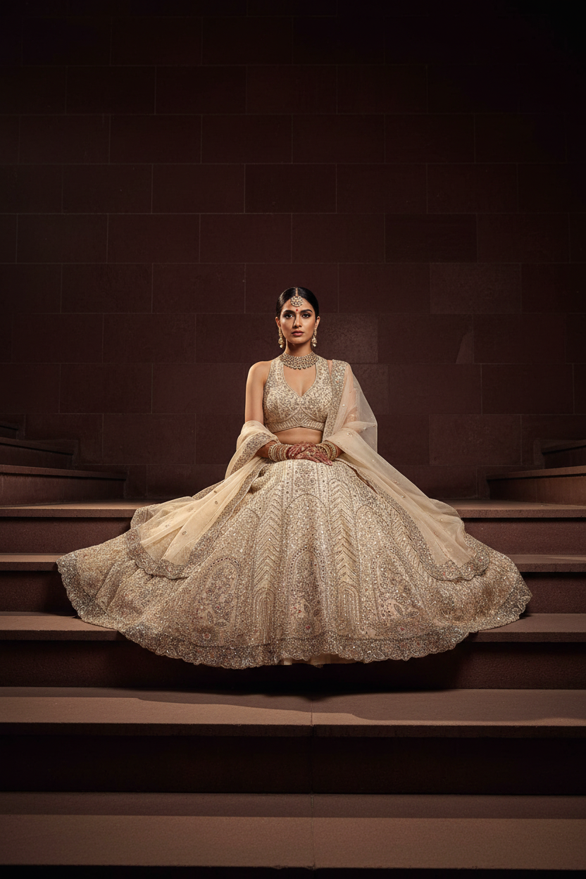 Ivory sequin bridal lehenga – seated grace pose, dark maroon background