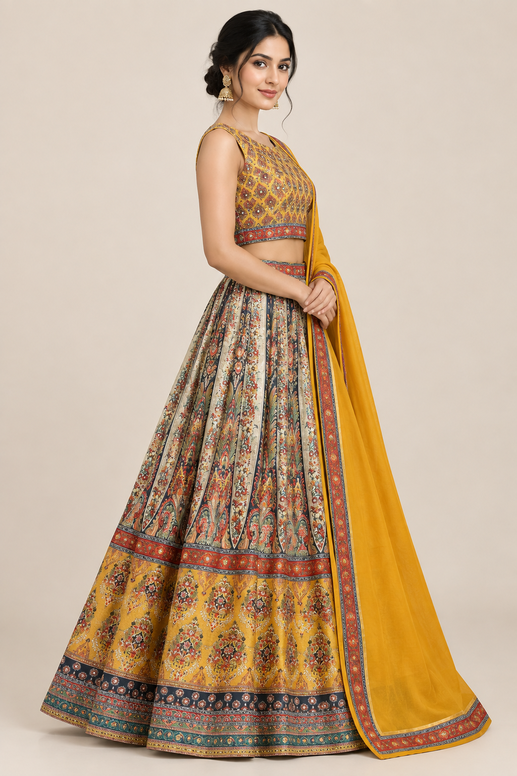 Model wearing a lehenga set with sleeveless blouse and plain bordered dupatta, side view