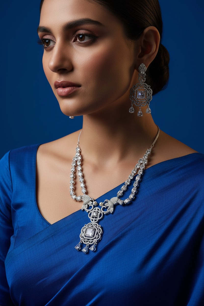 Model wearing the Shristi necklace set with royal blue drape
