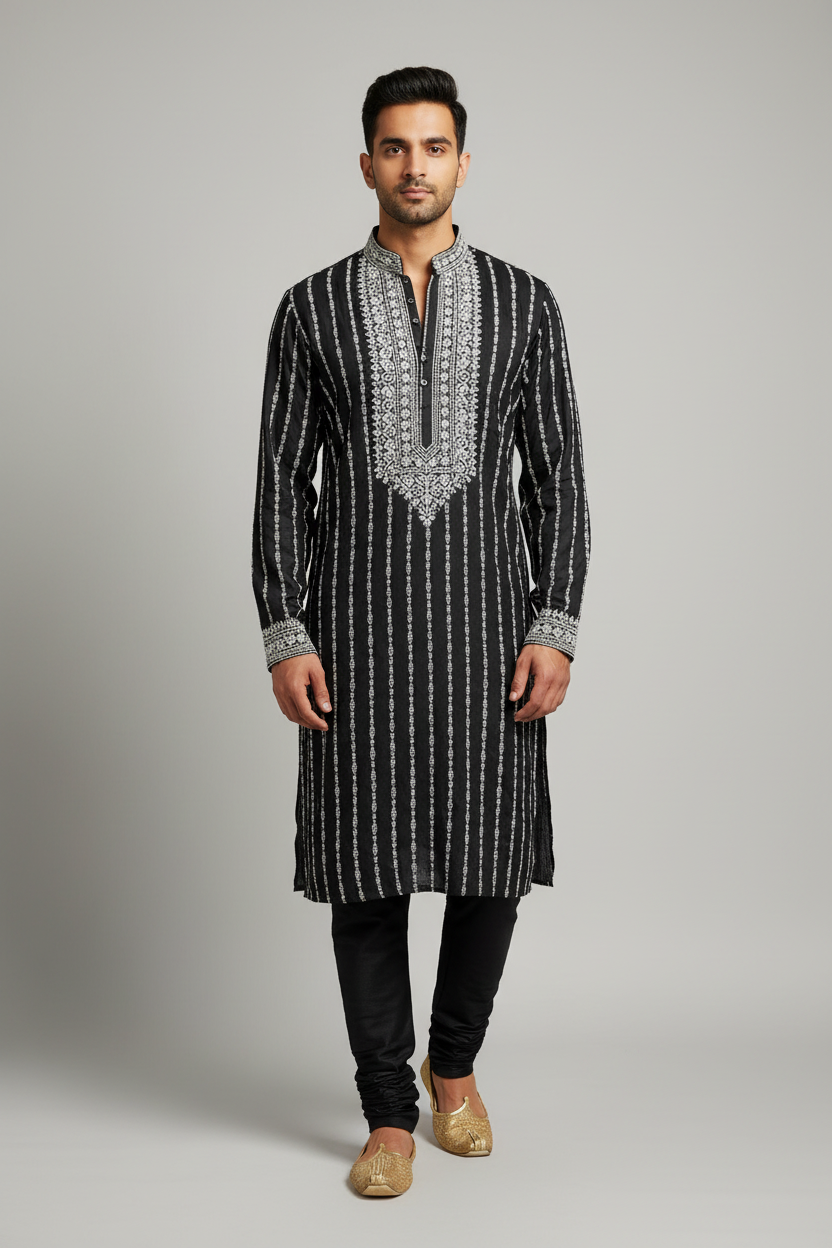 Male model wearing black embroidered kurta set with gold juttis - front pose