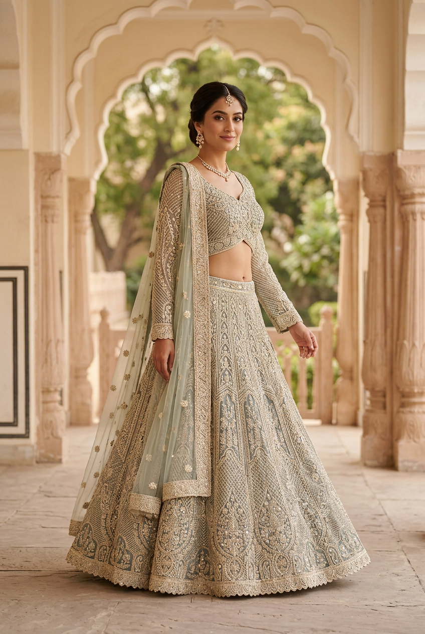 Walking pose showing sage-green and gold-toned lehenga set in an elegant courtyard.