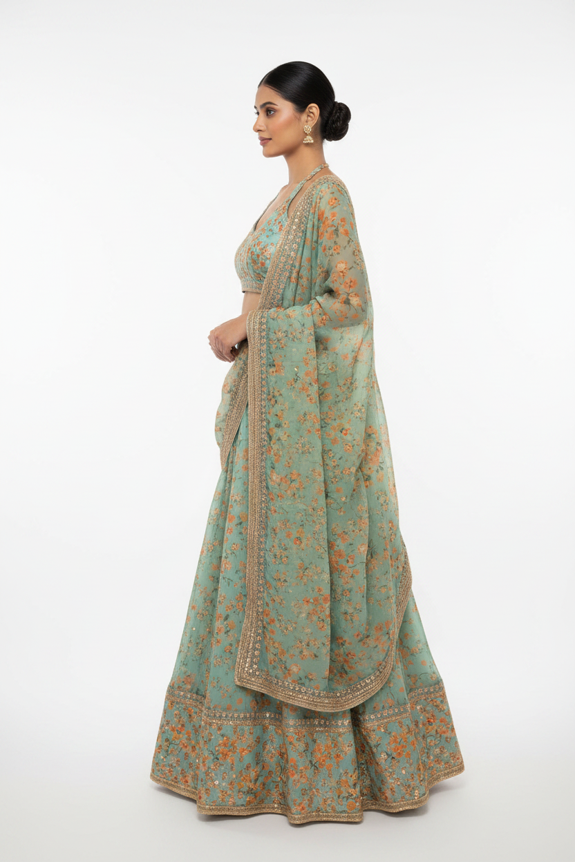 Floral Green Sequin Lehenga