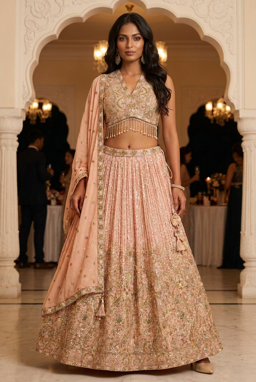 Blush peach floor-length lehenga with floral paisley detailing and matching bordered dupatta.
