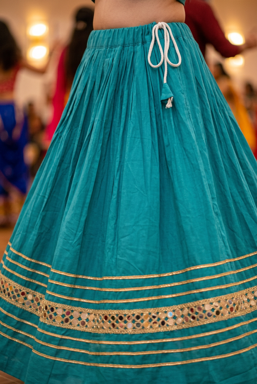 Detail of a teal Garba skirt showing the soft gathered waist with white adjustable drawstring tie and the mirror-work embroidered hem