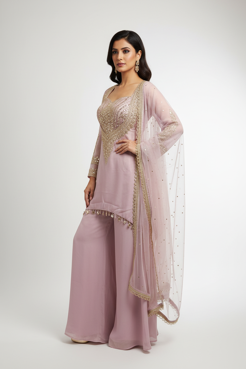 Dusty Rose Embroidered Sharara Set with Dupatta
