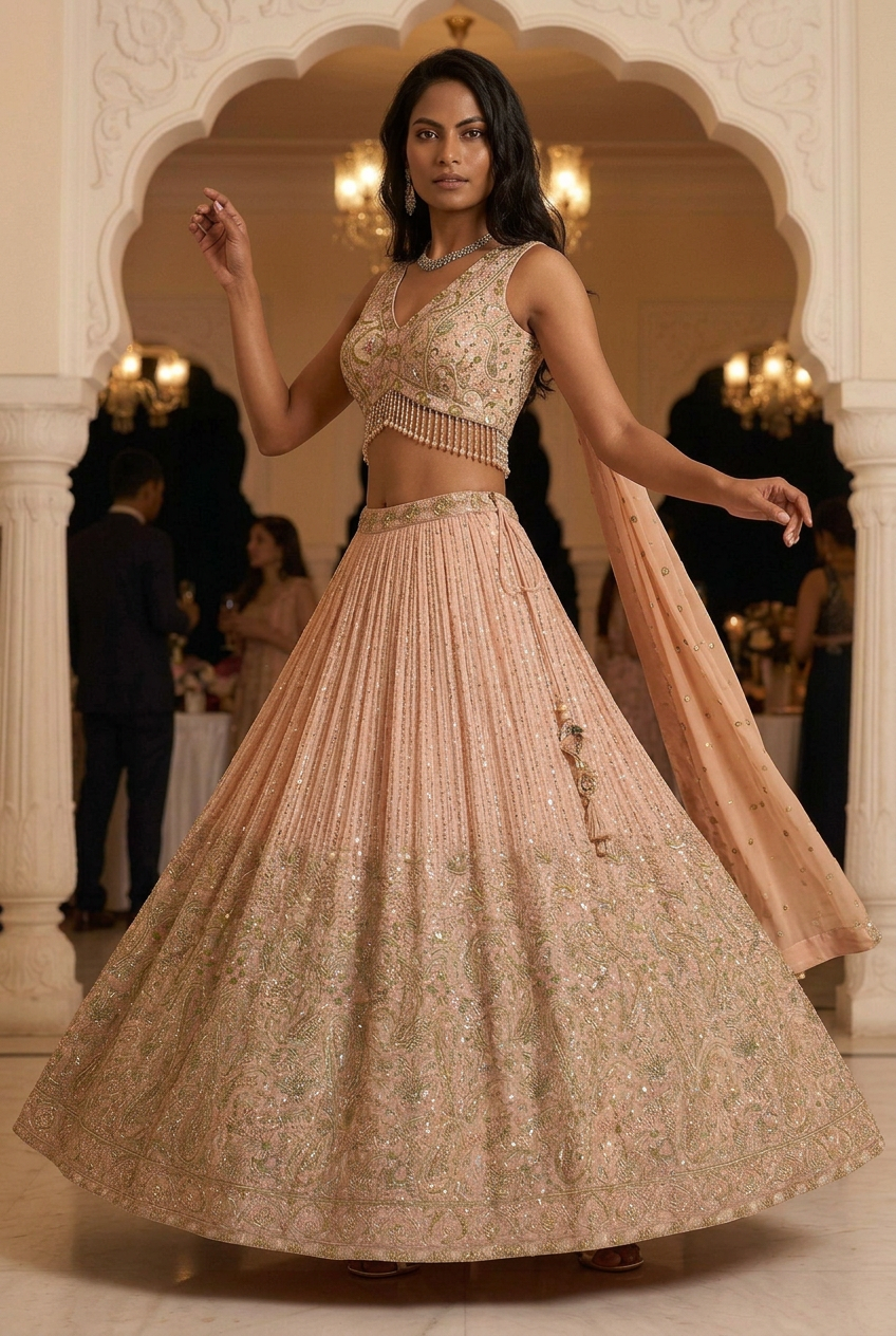 Model in a graceful dance-inspired pose wearing a blush peach floor-length lehenga with embellished sleeveless blouse and matching dupatta.