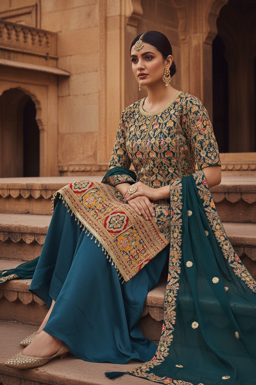 Teal Embroidered Sharara Set
