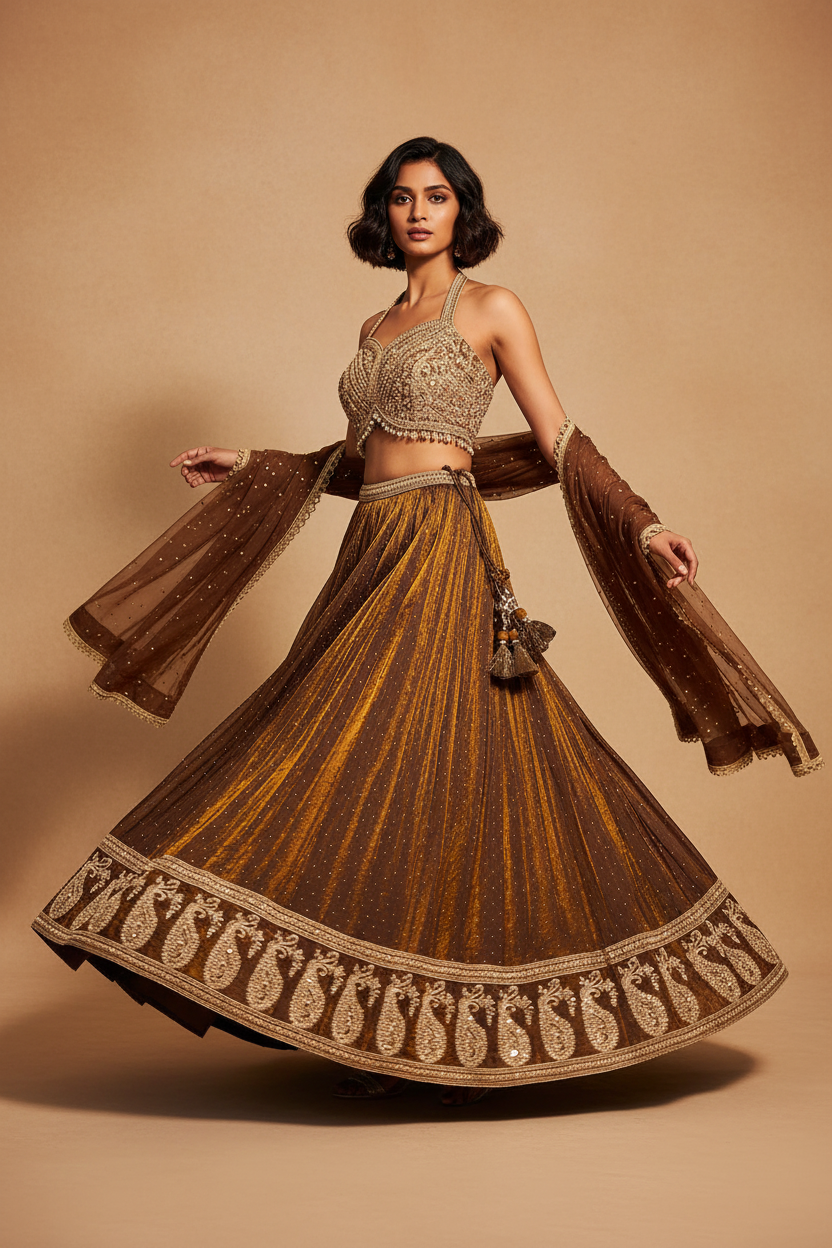 Brown Gold Tissue Lehenga