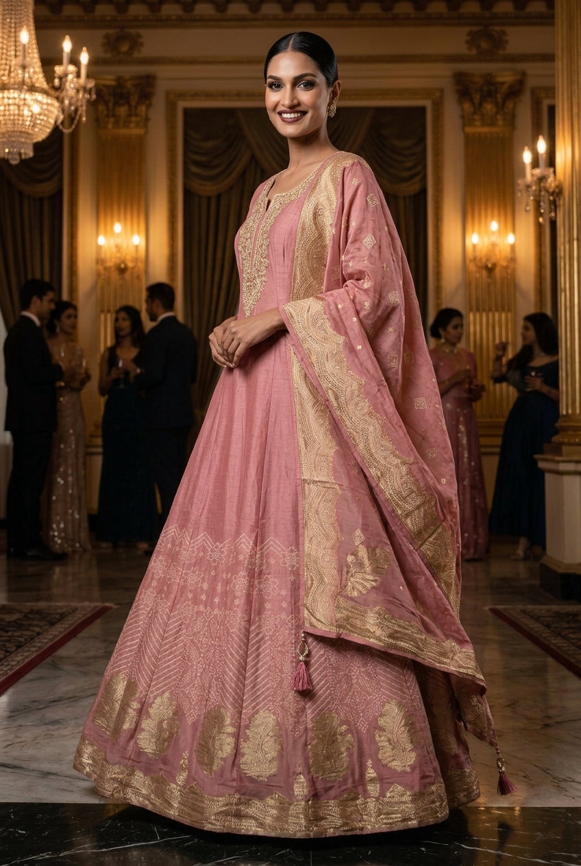Smiling model in a turning three-quarter pose wearing dusty rose Anarkali and dupatta
