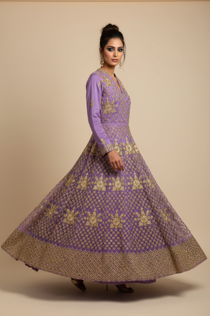Model in walking pose wearing lavender gold embroidered anarkali
