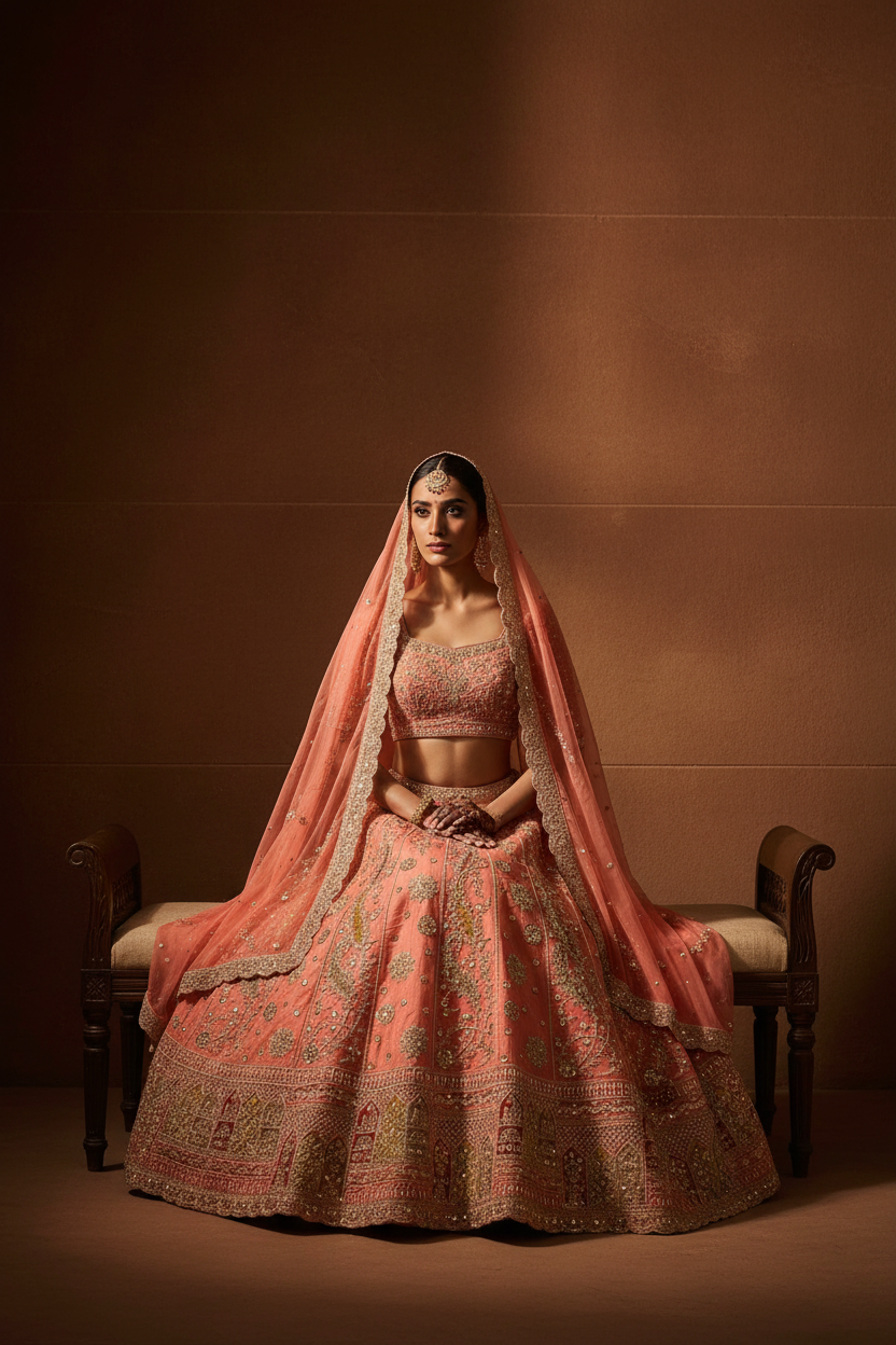 Coral Zardosi Bridal Lehenga - Seated Pose