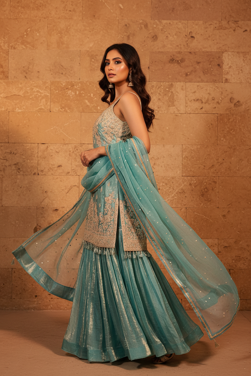 Aqua Embroidered Sharara Set