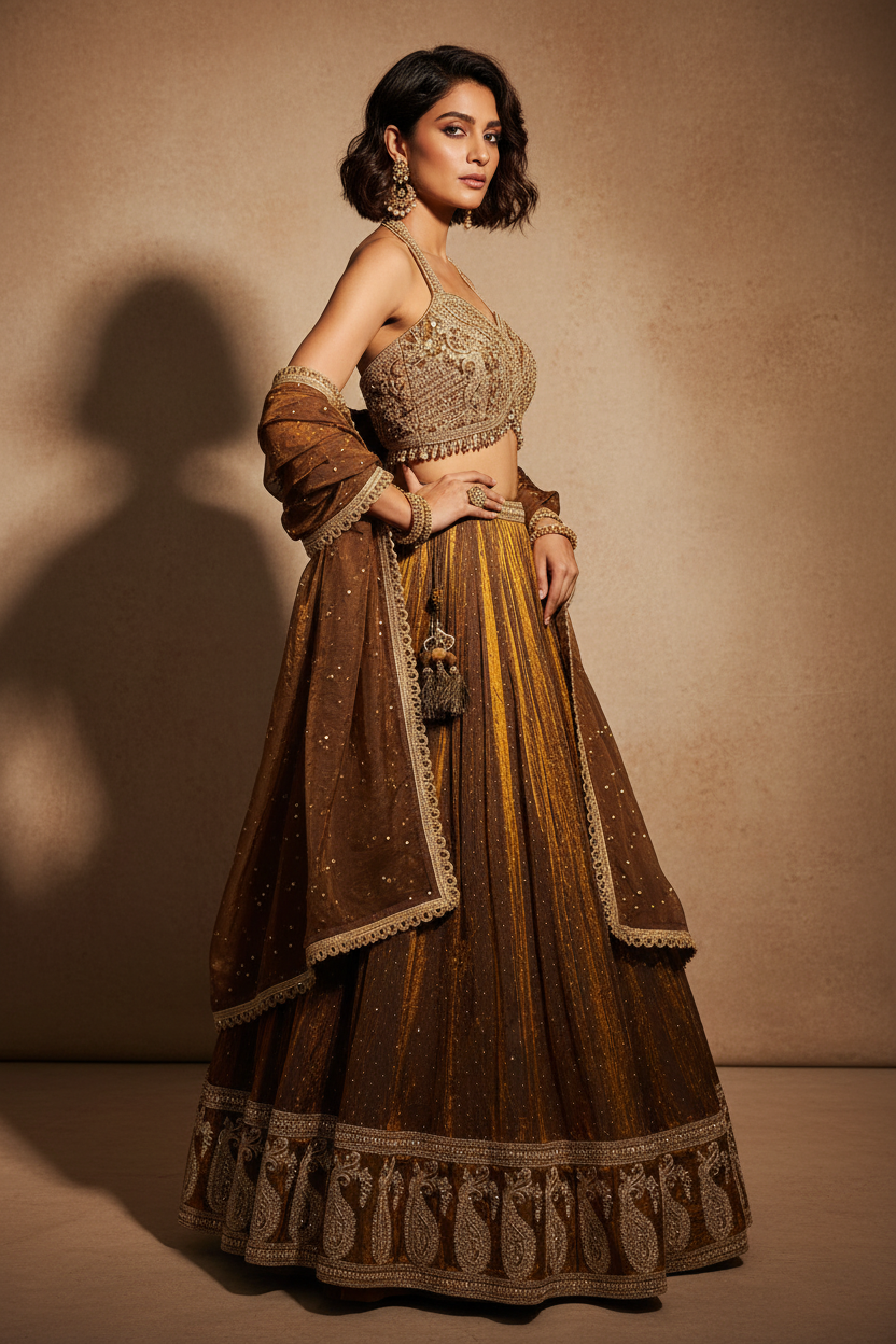 Brown Gold Tissue Lehenga
