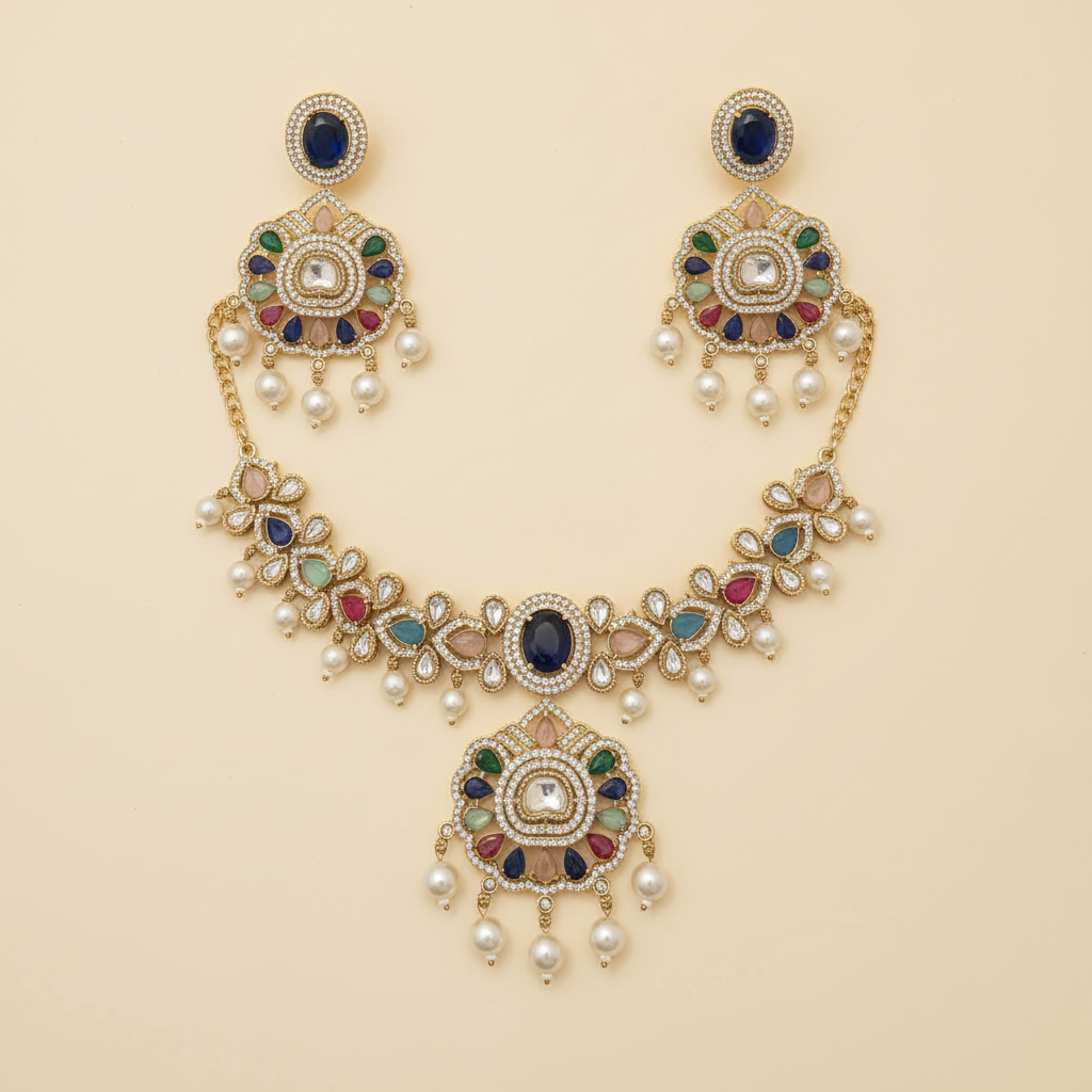Gold-tone floral necklace set with blue center stones, multicolor accents, crystal-style detailing, pearl-like drops, and matching earrings.