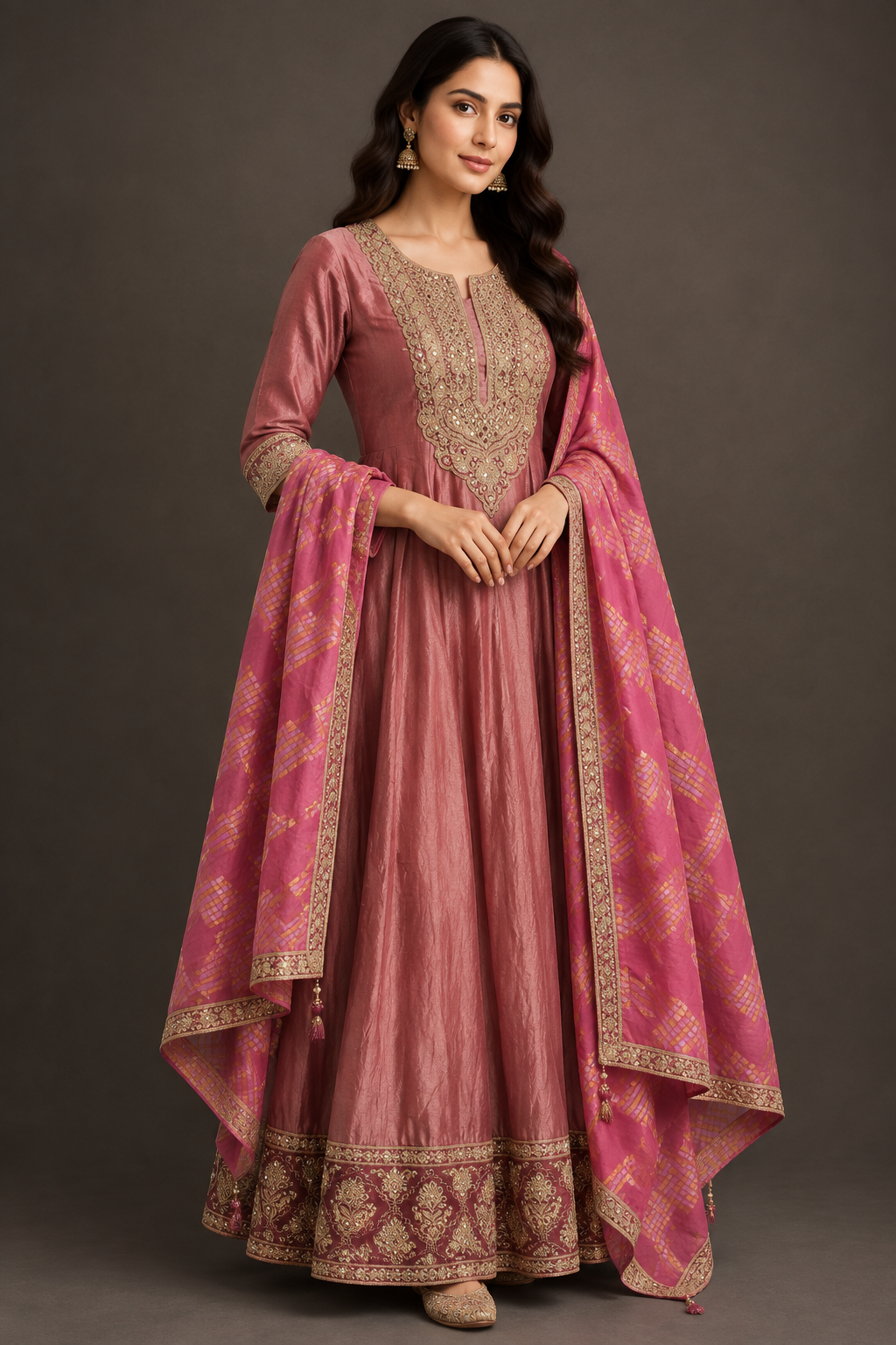 Model wearing a dusty rose embroidered Anarkali set with dupatta, three-quarter view