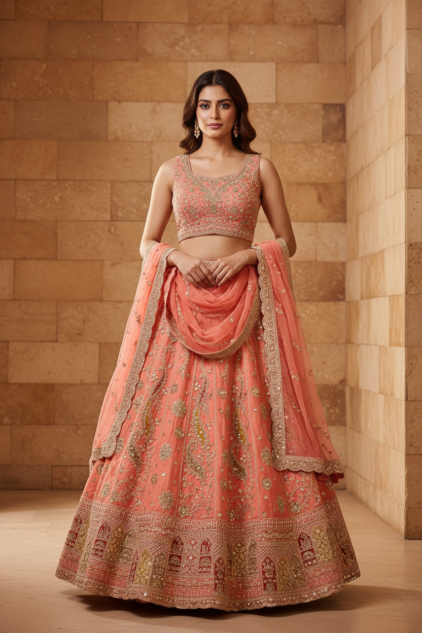 Coral Zardosi Bridal Lehenga - Front Pose