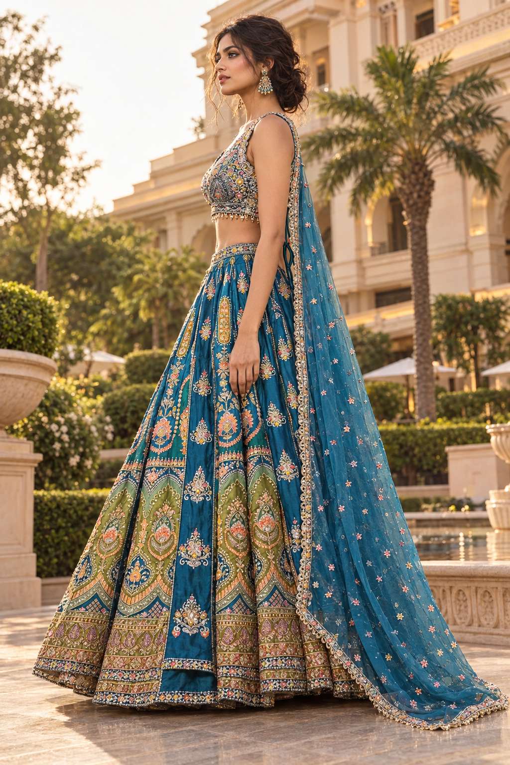 Model in teal floral embroidered lehenga set, side pose