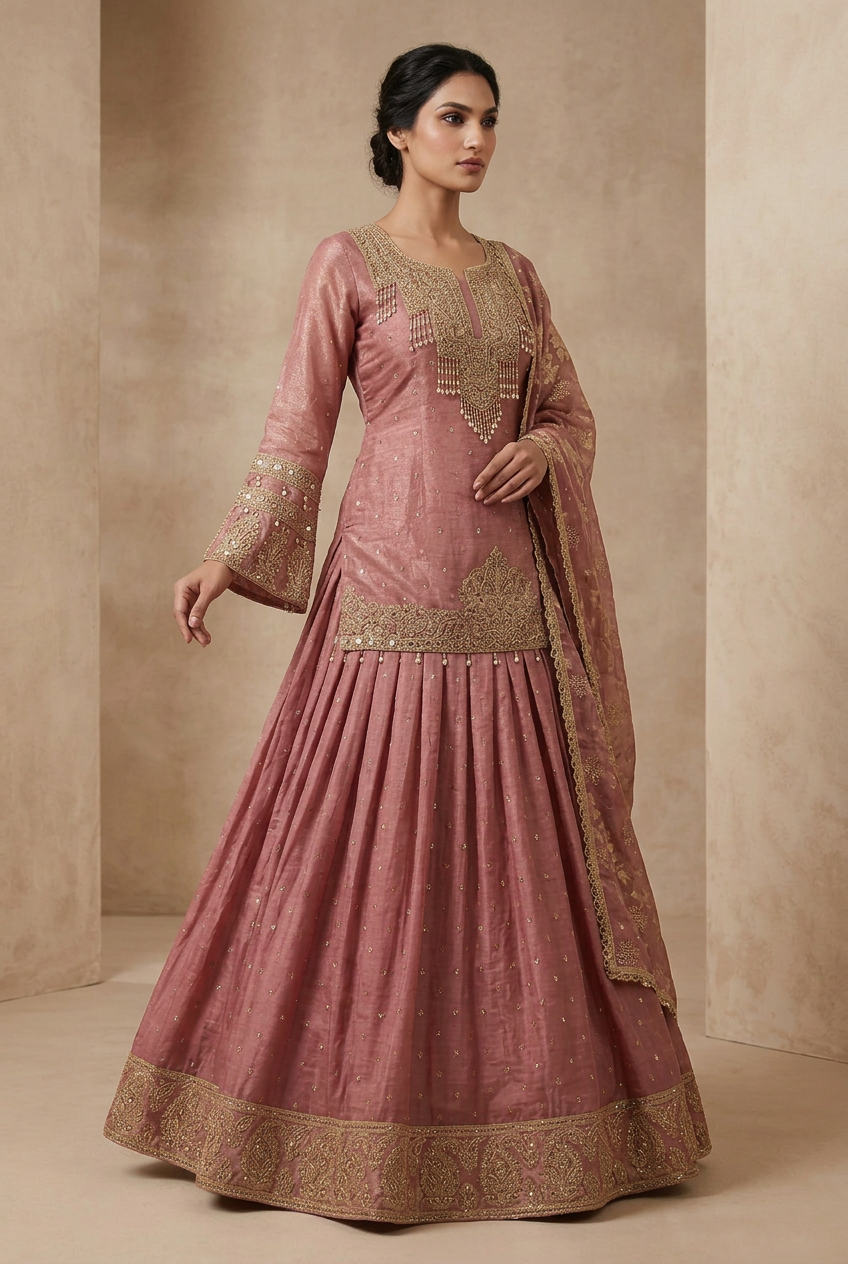 Opposite three-quarter view of a model wearing a dusty rose gold-embellished lehenga and matching floral dupatta