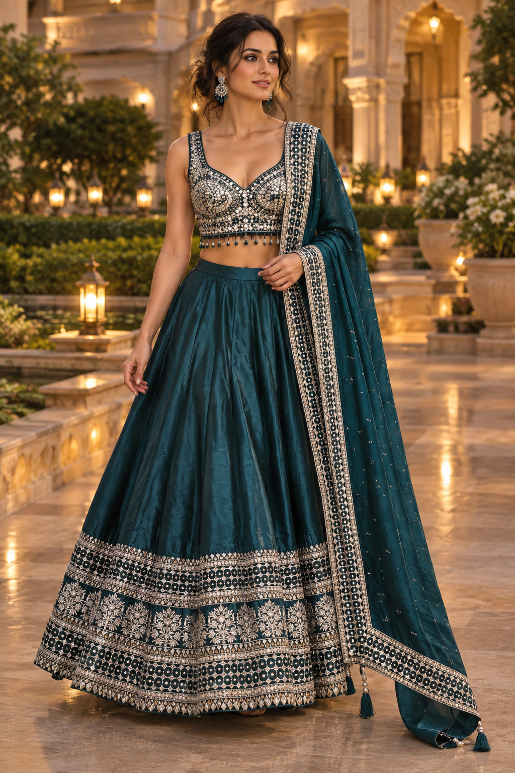 Walking view of a deep teal mirrorwork lehenga set with embellished blouse and bordered dupatta