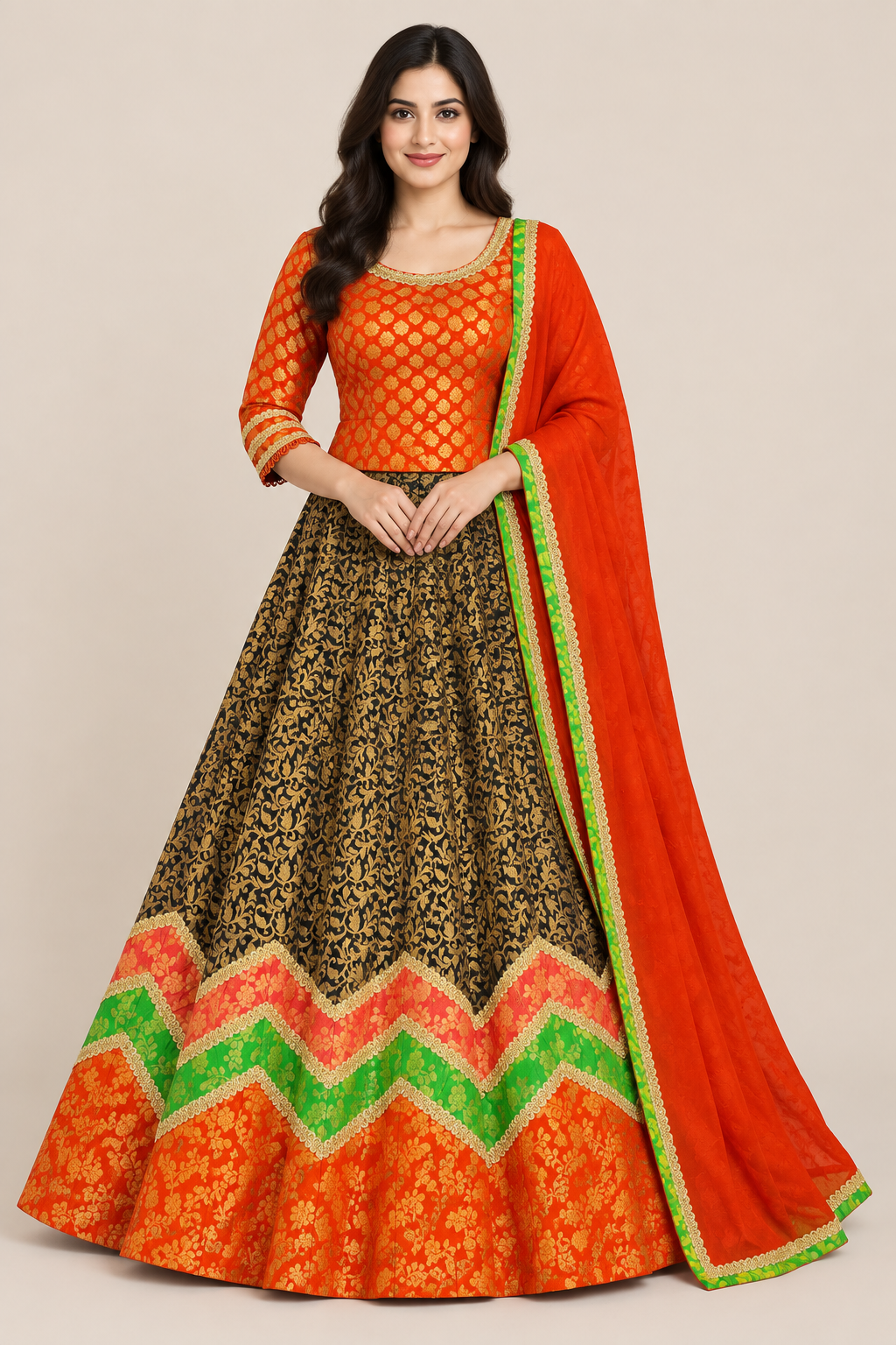 Front model view in waist-length orange blouse and dark patterned lehenga