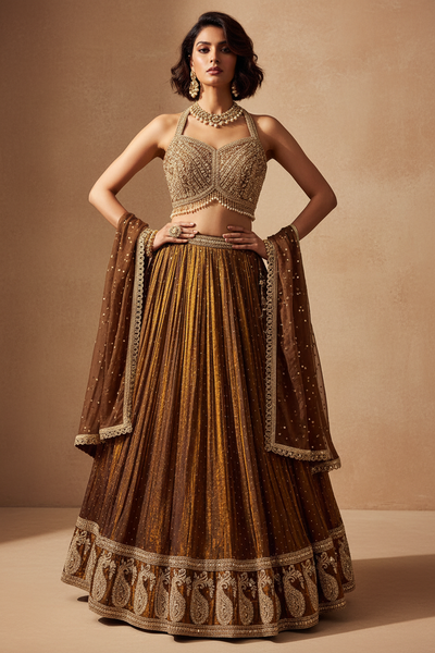Brown Gold Tissue Lehenga