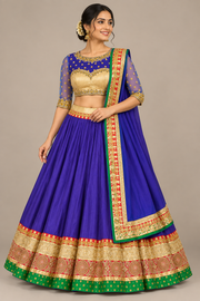 Front view of purple Garba lehenga with gold-panel blouse, shorter sheer sleeves and opaque bordered dupatta