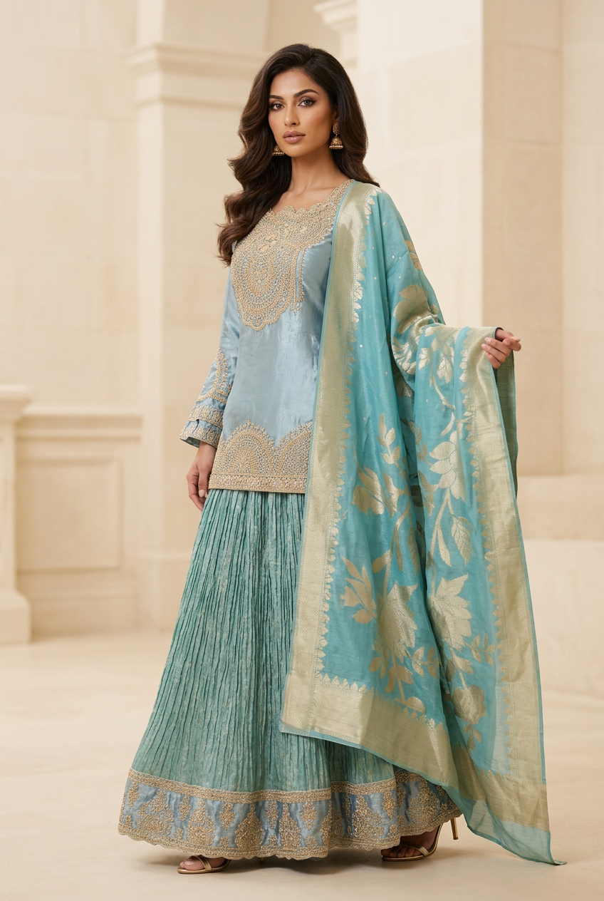 Three-quarter view of teal lehenga with icy-blue long top and botanical-patterned aqua dupatta
