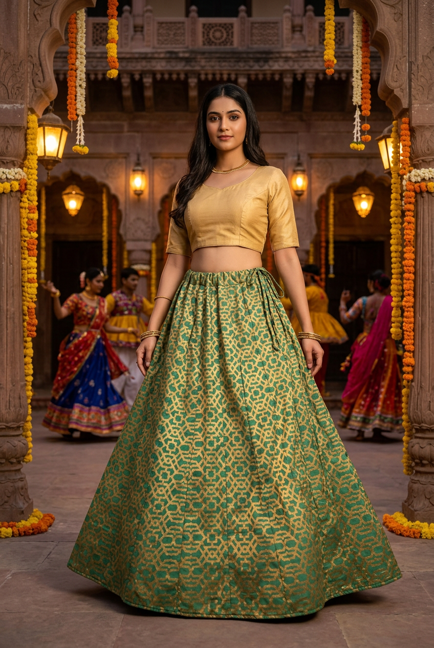 Model wearing green and gold geometric skirt at a Garba festival; blouse not included.