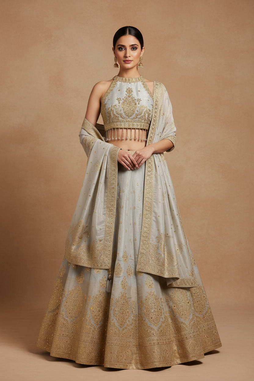 Grey Gold Zardozi Lehenga