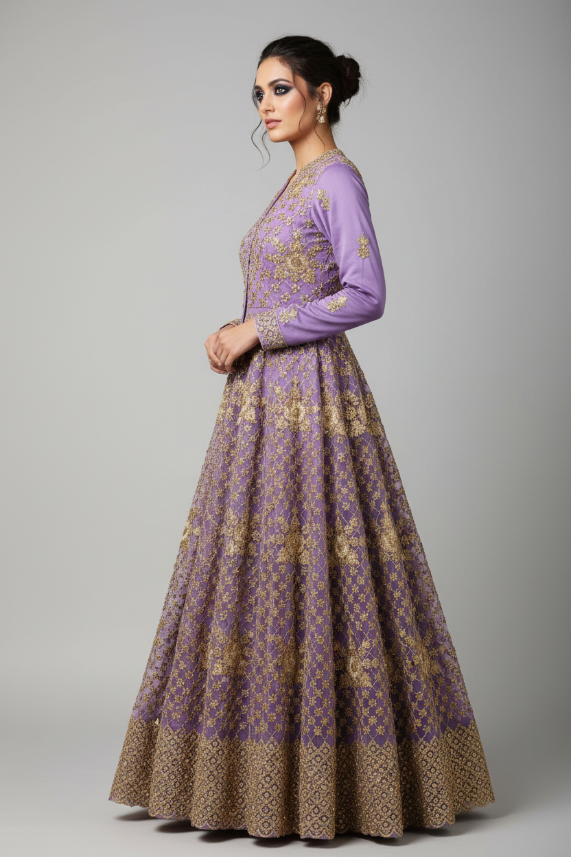 Model in side profile wearing lavender gold embroidered anarkali