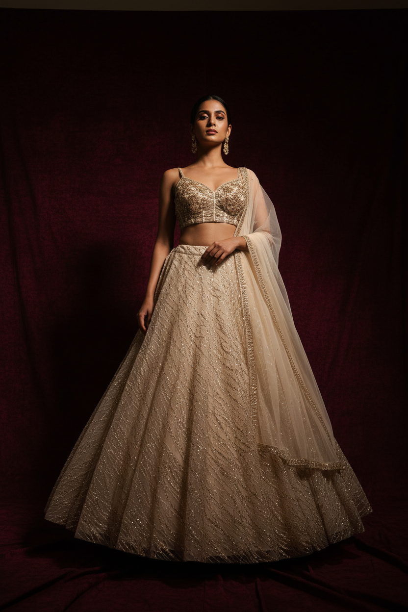 Ivory gold bridal lehenga - full front standing pose against dark maroon background