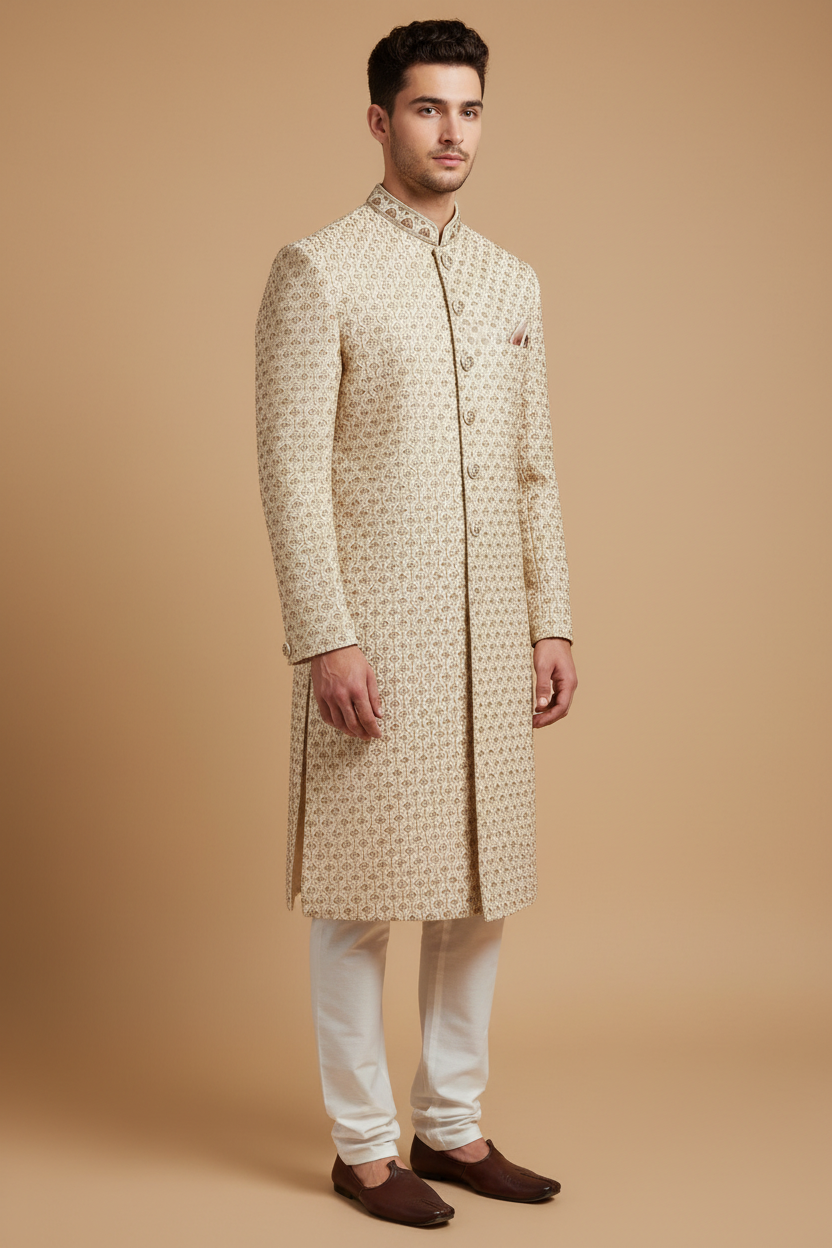 Male model wearing an ivory zardosi sherwani with matching trousers, front three-quarter view