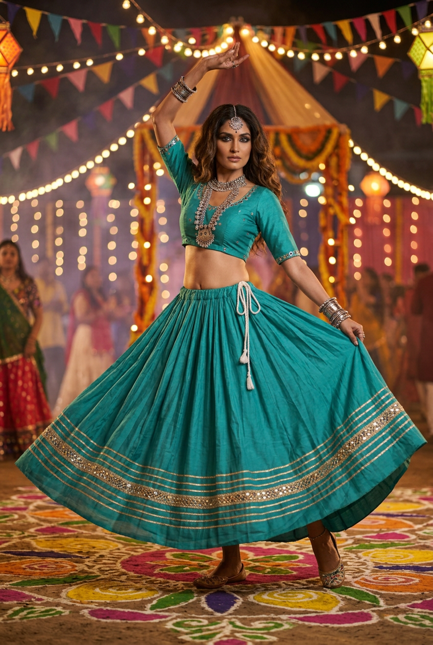 Same high-fashion model mid-dance in the teal Garba skirt showing the adjustable white drawstring waist and full embroidered hem, full-length view