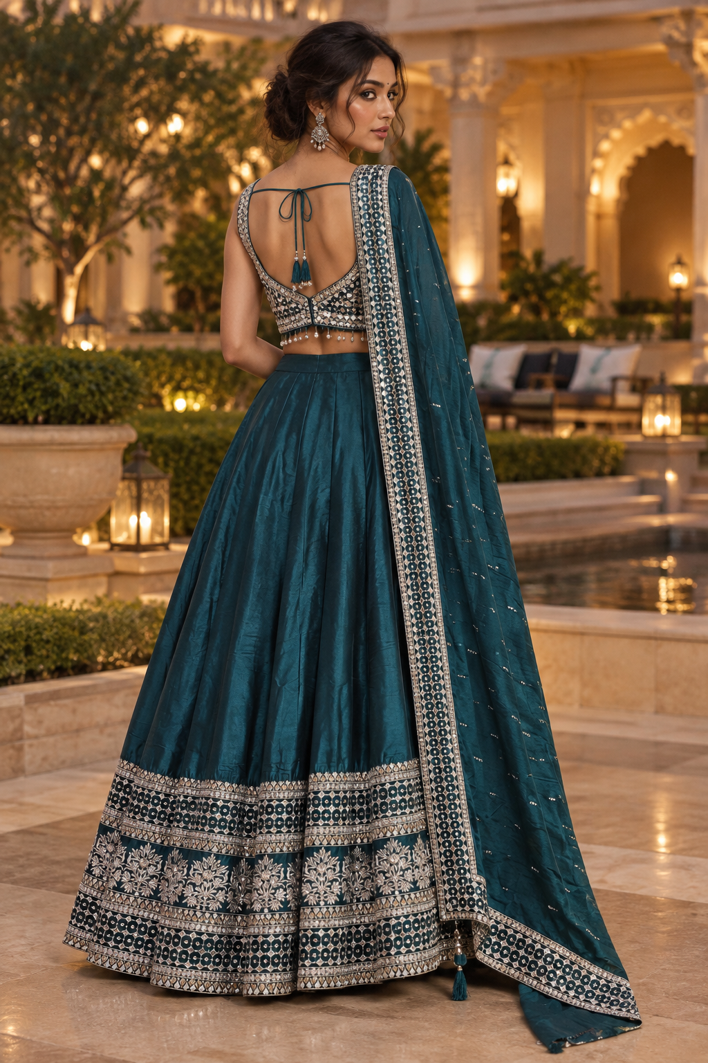 Back view of a deep teal mirrorwork lehenga set with embellished blouse and bordered dupatta