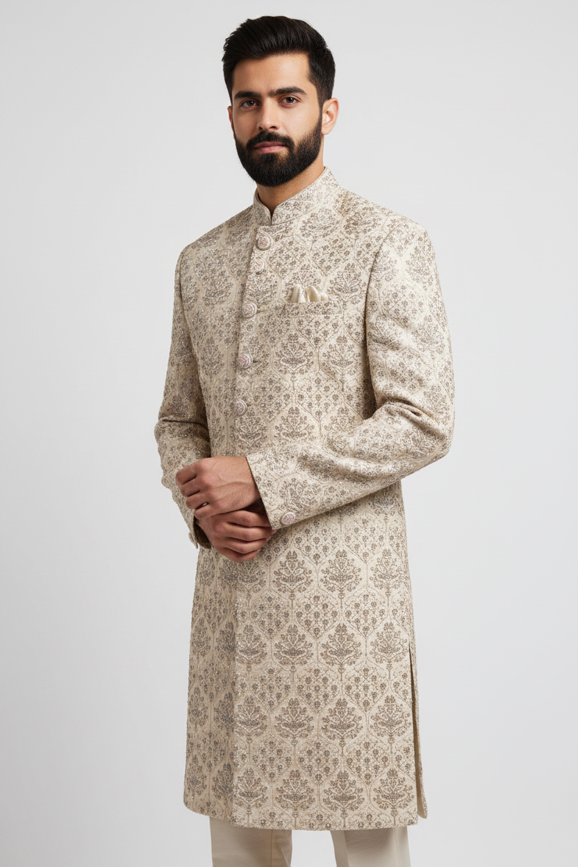 Ivory Embroidered Sherwani Set