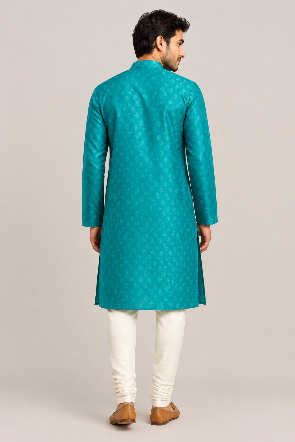 Male model in teal buti pattern kurta, rear view