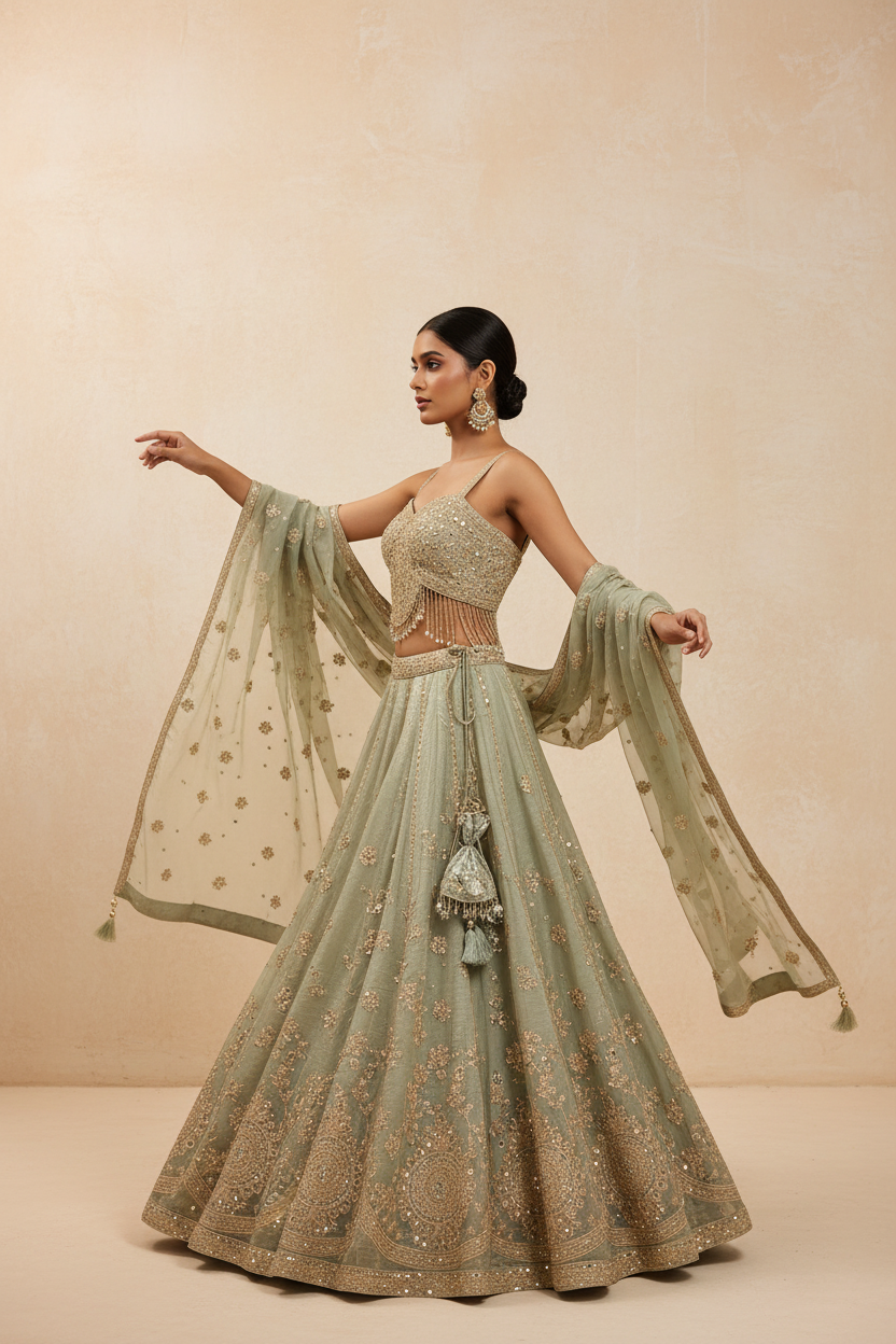 Sage Green Embroidered Lehenga