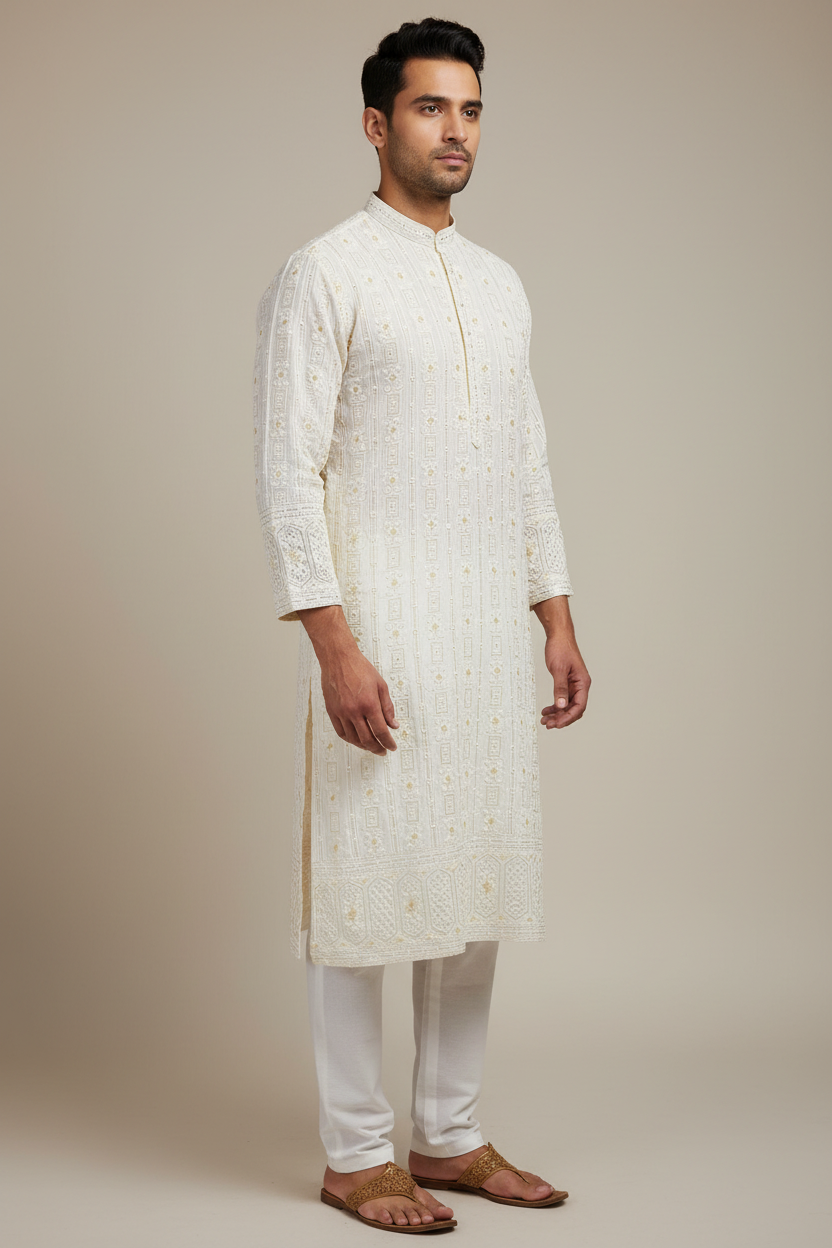 Male model wearing an ivory embroidered kurta and white pajama trousers, side view