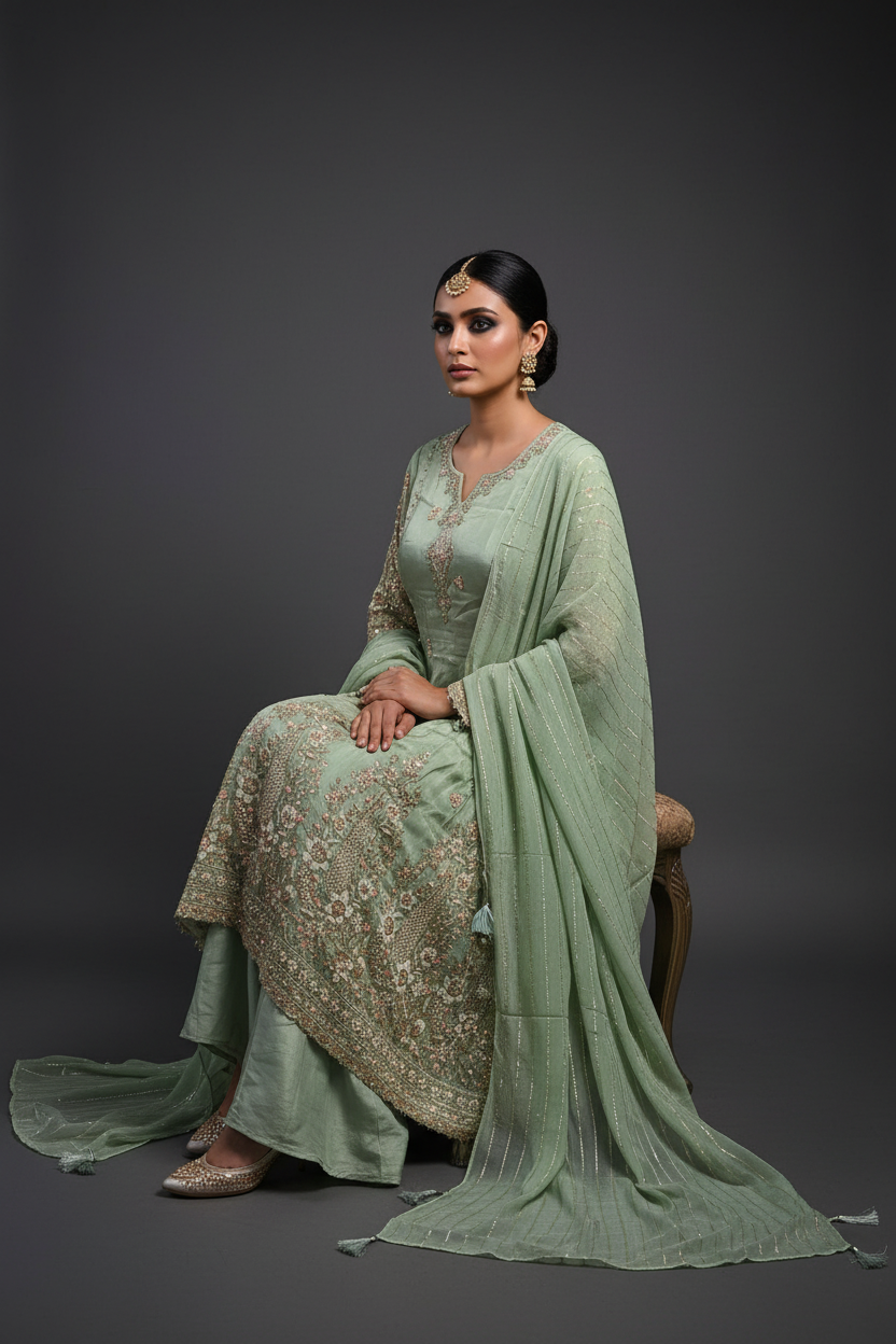 Model wearing mint embroidered sharara set, seated pose highlighting embroidery detail