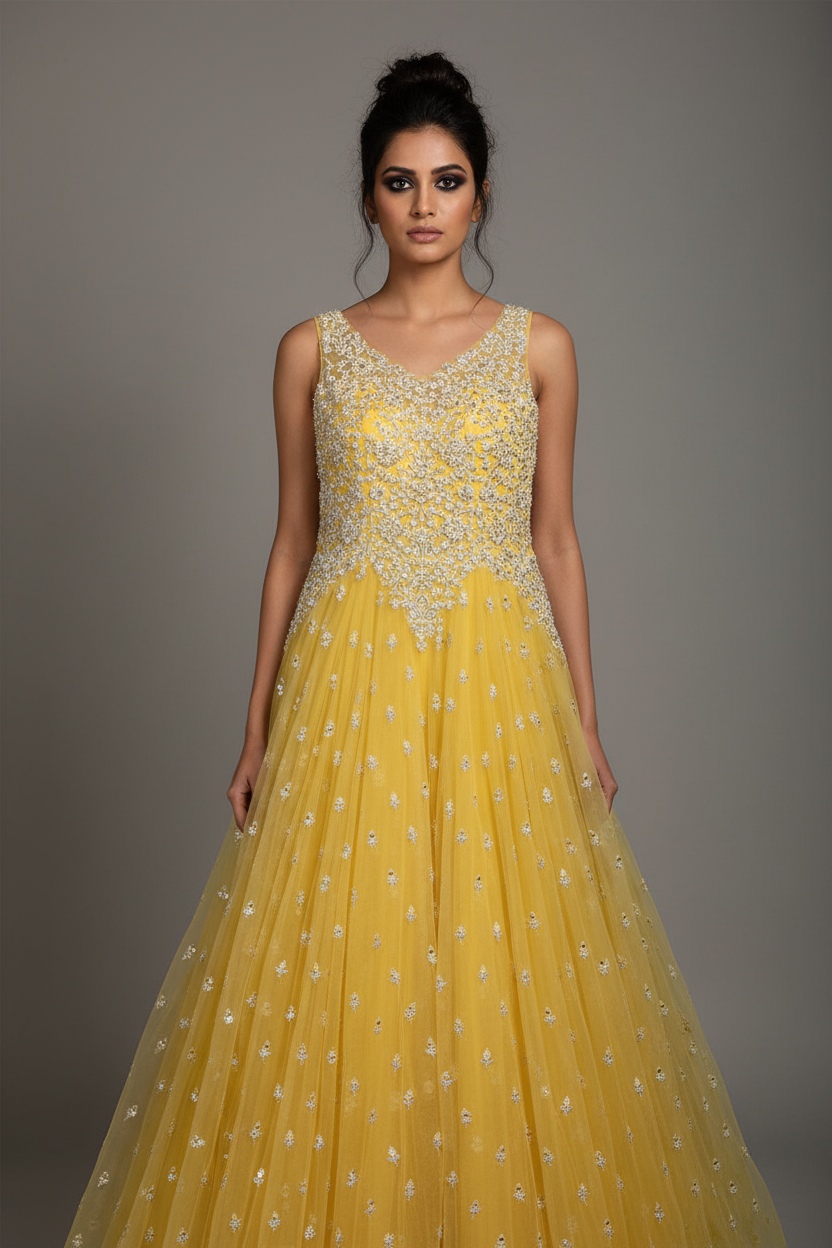 Yellow mirrorwork sleeveless gown - front pose