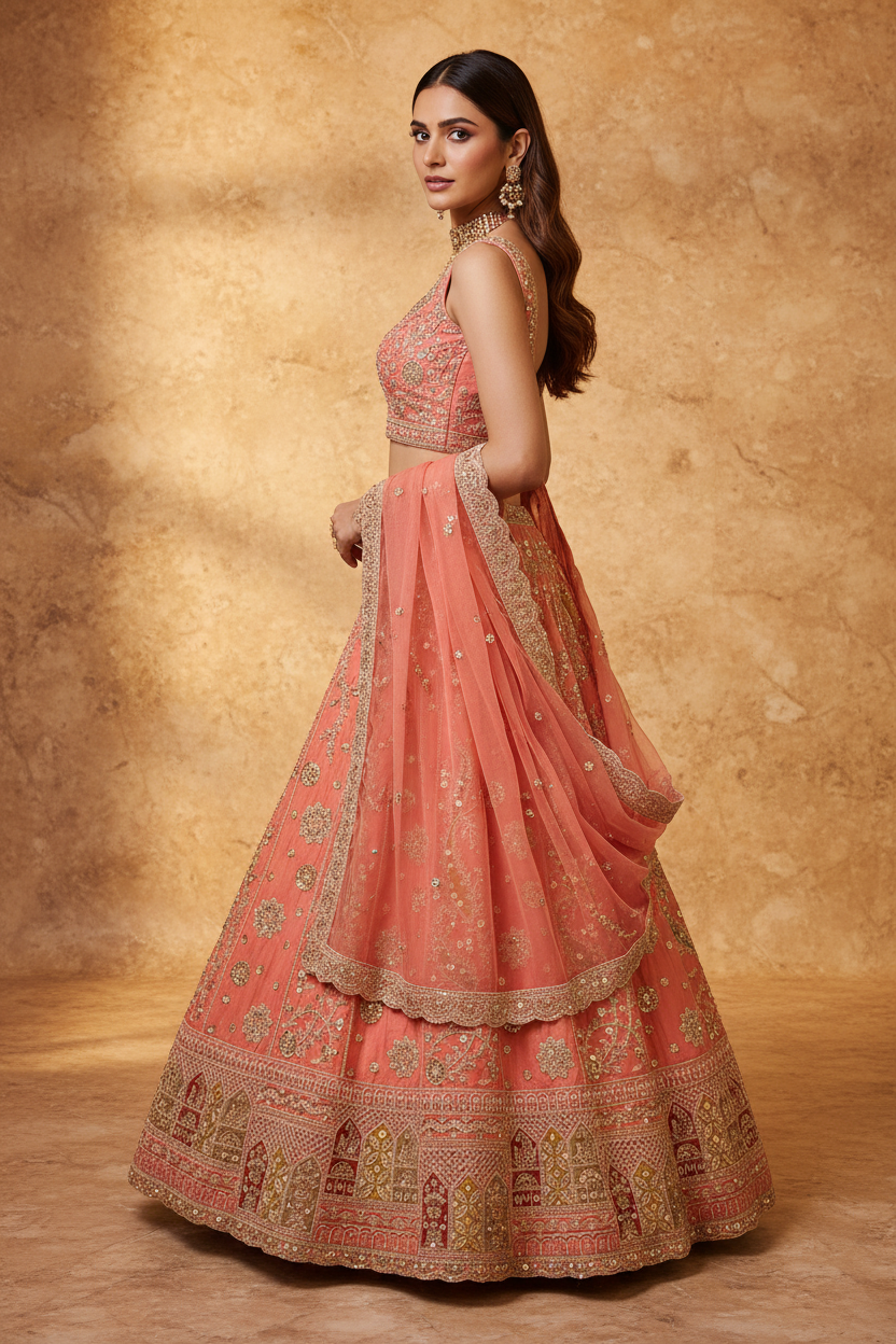 Coral Zardosi Bridal Lehenga - Side Profile