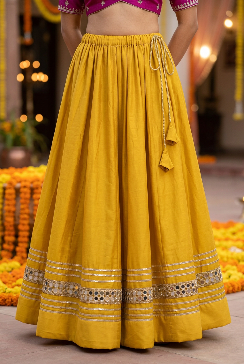 Mustard-yellow skirt on model showing gathered adjustable drawstring waist, tassel ties and mirror-work lower border through the full hem.