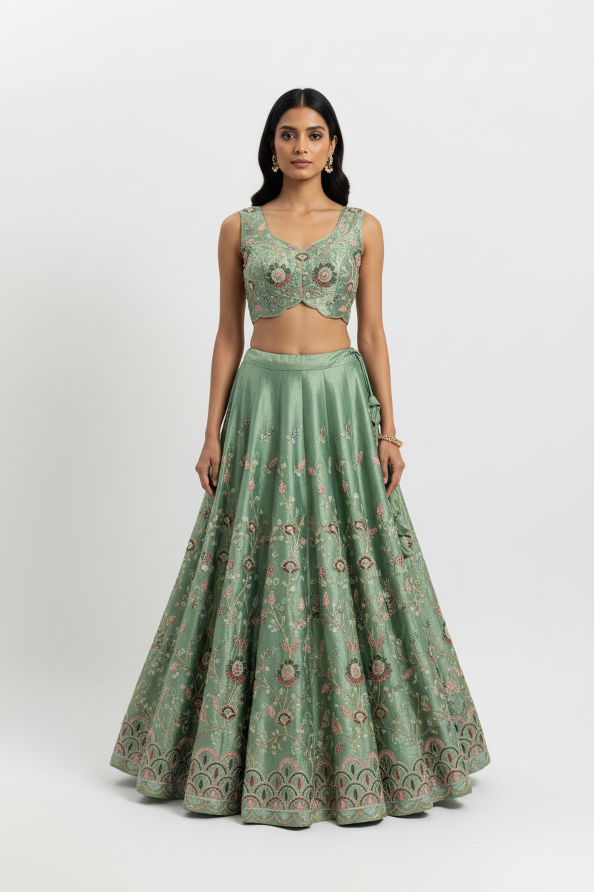 Sage Green Embroidered Lehenga