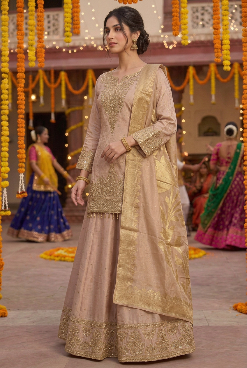 Three-quarter view of champagne lehenga with long gold-detailed blouse and patterned dupatta